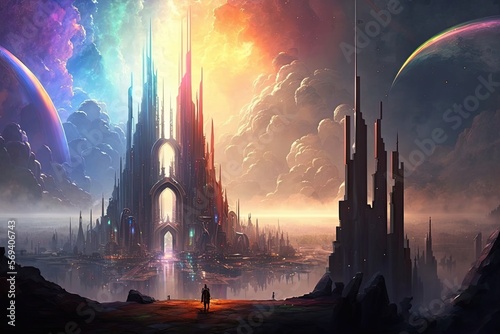 A city floating in the clouds, with towering spires and bridges in every color of the rainbow. Digital art painting, Fantasy art, Wallpaper