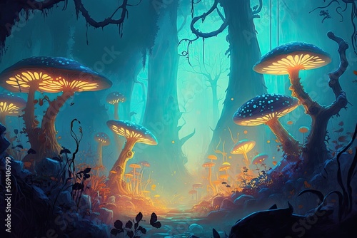 A dense, mist-shrouded forest, the ground alive with colorful, glowing fungi. Digital art painting, Fantasy art, Wallpaper © FantasyArtStation