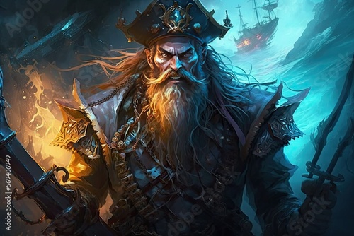 A fearsome pirate, who can summon tidal waves to damage and slow enemy units, and can return from the dead with his ghost ship ultimate. Digital art painting, Fantasy art, Wallpaper. Generative ai.