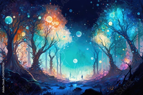 A glittering crystal forest, where each tree shimmers with rainbow light. Digital art painting, Fantasy art, Wallpaper