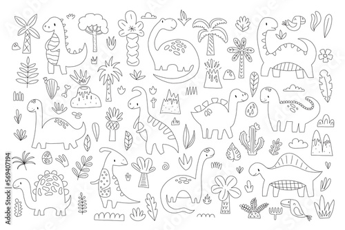 Cute dinosaurs and tropic plants. Funny cartoon dino collection. Hand drawn vector doodle set for kids. Black and white, monochrome