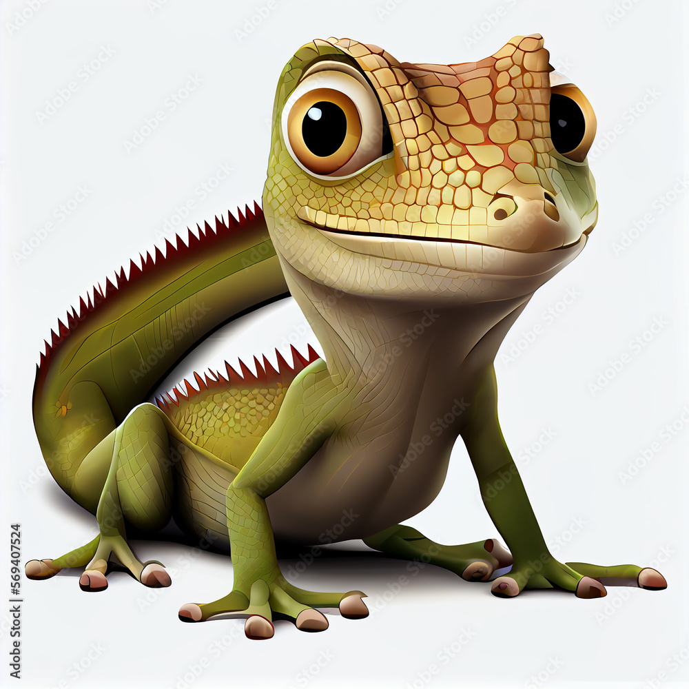 Cute cartoon lizard character. 3D animation on white background ...