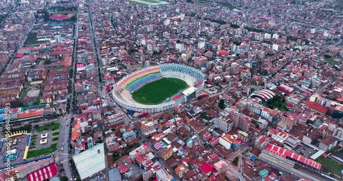 Garcilaso stadium within city Cusco, Peru, South America, Andes - Aerial above view drone high resolution 4k photo