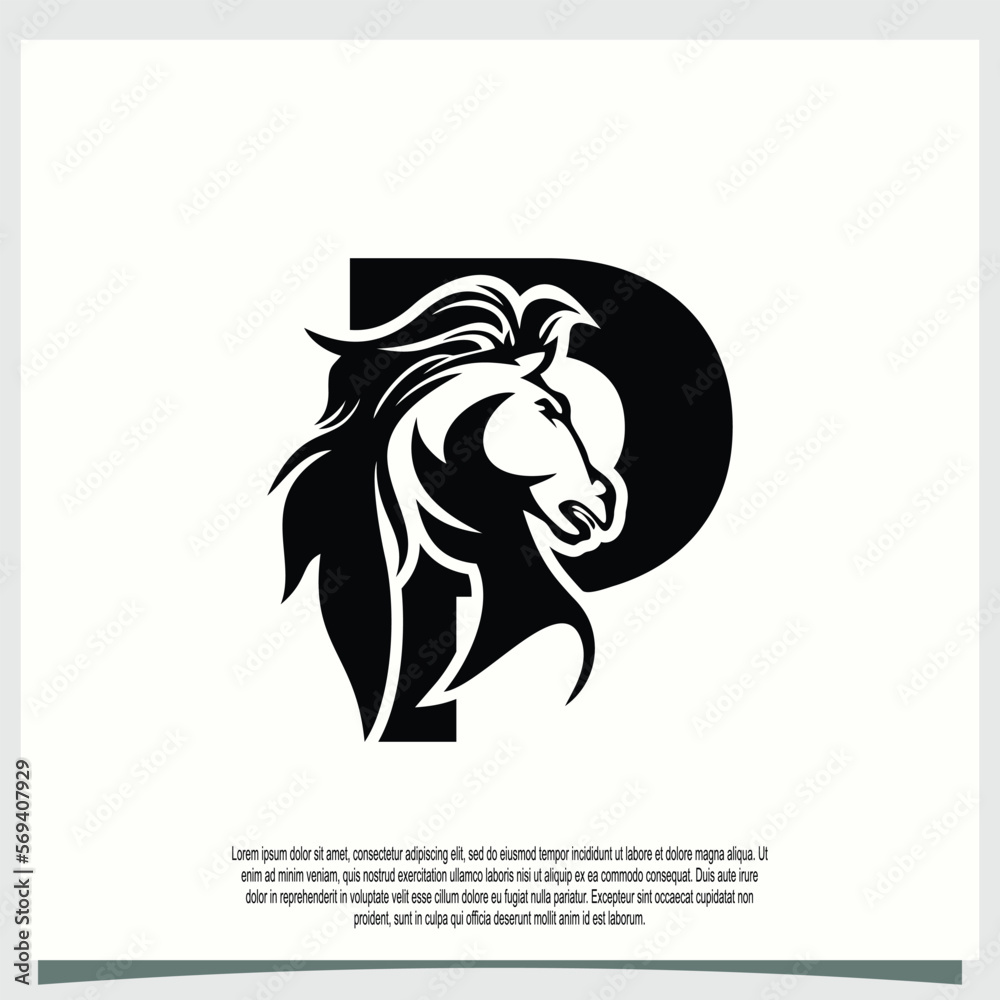 horse head logo design with initial letter p modern concept