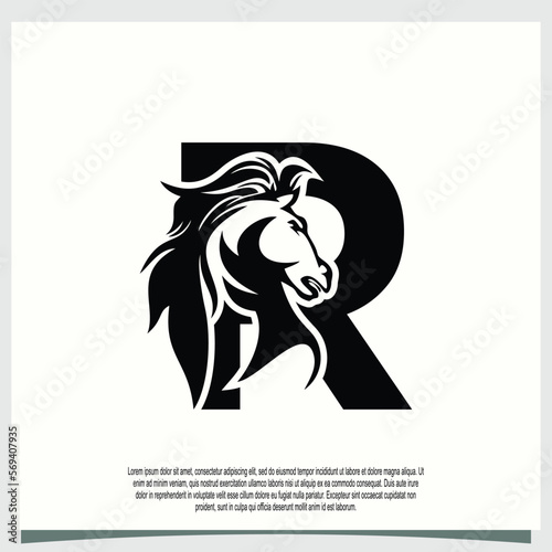 horse head logo design with initial letter r modern concept