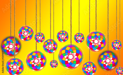 Colorful Christmas Balls Hanging on Strings on Yellow Background. Vector Illustration.