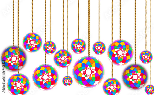 Colorful Christmas Balls Hanging on Strings on Yellow Background. Vector Illustration.