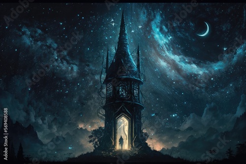 The Astronomy Tower, with a stunning view of the night sky and the mysterious blackboard with strange symbols. Hogwarts universe style painting. Digital art painting, Fantasy art, Wallpaper