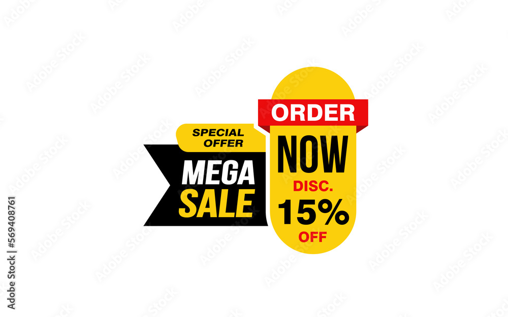 15 Percent MEGA SALE offer, clearance, promotion banner layout with sticker style.
15 Percent MEGA SALE offer, clearance, promotion banner layout with sticker style.