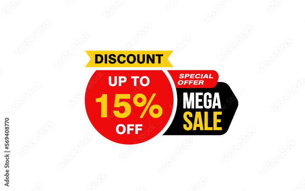 15 Percent MEGA SALE offer, clearance, promotion banner layout with sticker style. 
