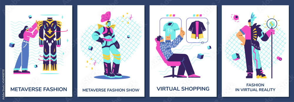 Metaverse fashion show and virtual reality posters set, flat vector illustration.