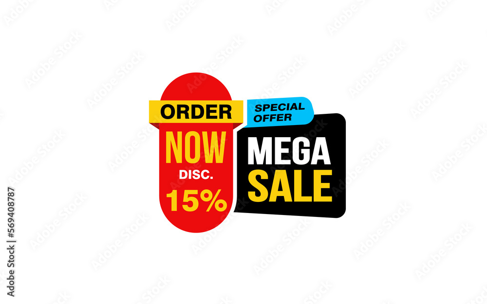 15 Percent MEGA SALE offer, clearance, promotion banner layout with sticker style. 
