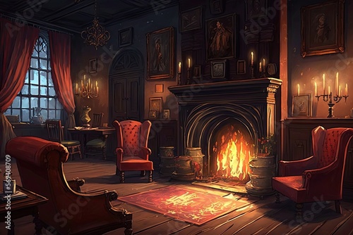 The common room with its warm fire and red armchairs. fantasy universe style painting. Digital art painting, generative ai. photo