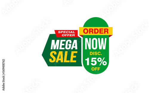 15 Percent MEGA SALE offer, clearance, promotion banner layout with sticker style. 
