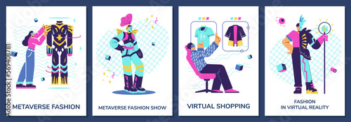 Metaverse fashion show and virtual reality posters set, flat vector illustration.