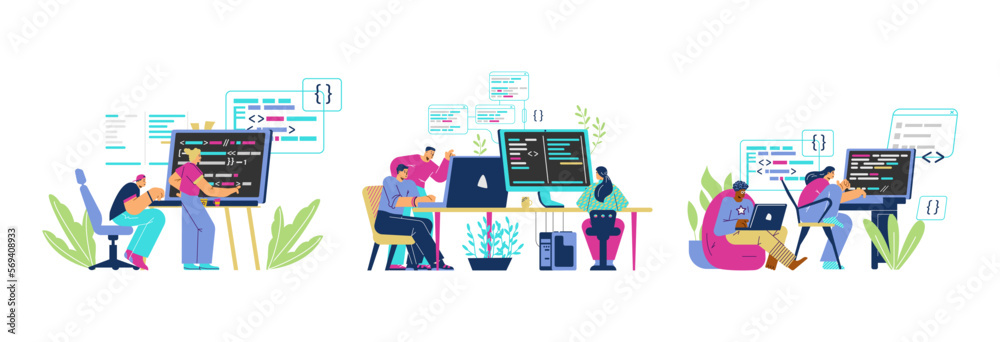 People coding on laptops, set of abstract flat illustrations isolated on white background.