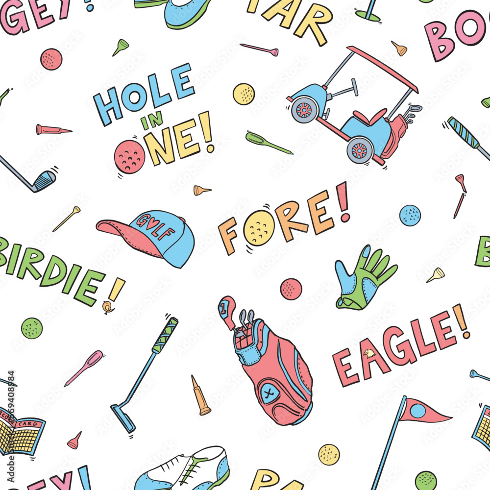 Golf doodle seamless pattern. Cartoon illustration vector illustration background. For print, textile, web, home decor, fashion, surface, graphic design