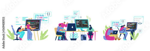 People coding on laptops, set of abstract flat illustrations isolated on white background.