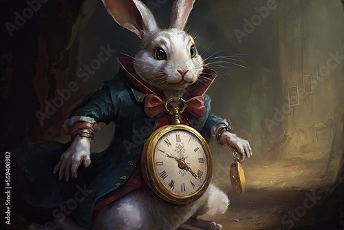 The White Rabbit in a panic, checking his pocket watch and muttering I'm late! I'm late! Wonderland universe style painting.Digital art painting, Fantasy art, Wallpaper