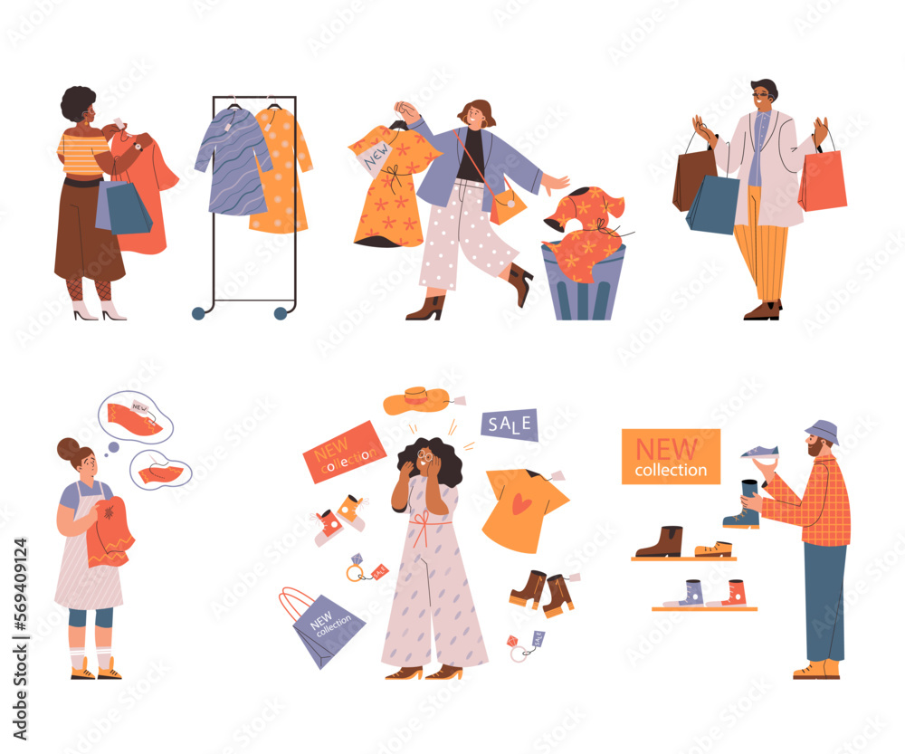 Fast fashion concept, people buying new trendy clothes - flat vector illustration isolated on white background.