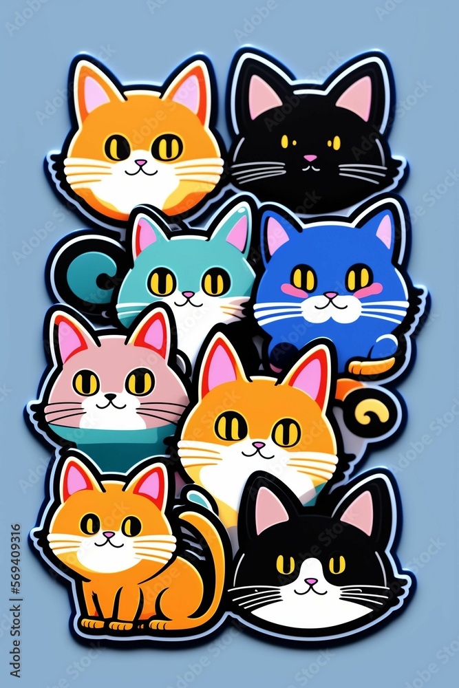 set of cartoon cats, sticker. Generative AI