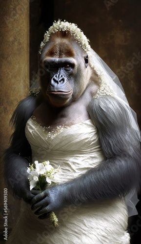 Photo Shoot of a Beautiful, Cute and Adorable Humanoid Gorilla in Stunning Wedding Dress: A Unique Bride Animal in Designer Bridal Gown with Timeless and Elegant Style like Women (generative AI)