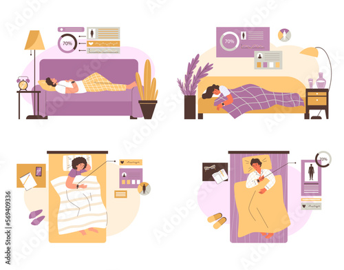 Using smart watch app to track and monitor sleep quality, flat vector isolated.