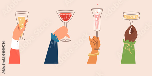 People holding glasses of wine and champagne, flat vector illustration isolated on beige background.