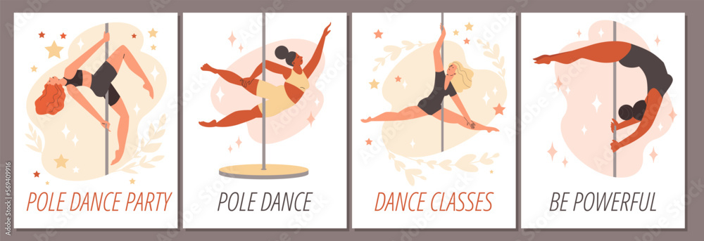Pole dance party and classes cards or banners bundle flat vector illustration.