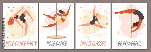 Pole dance party and classes cards or banners bundle flat vector illustration.