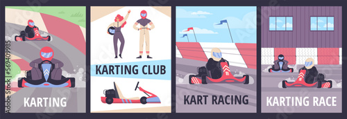 Kart racing posters set, flat vector illustration.