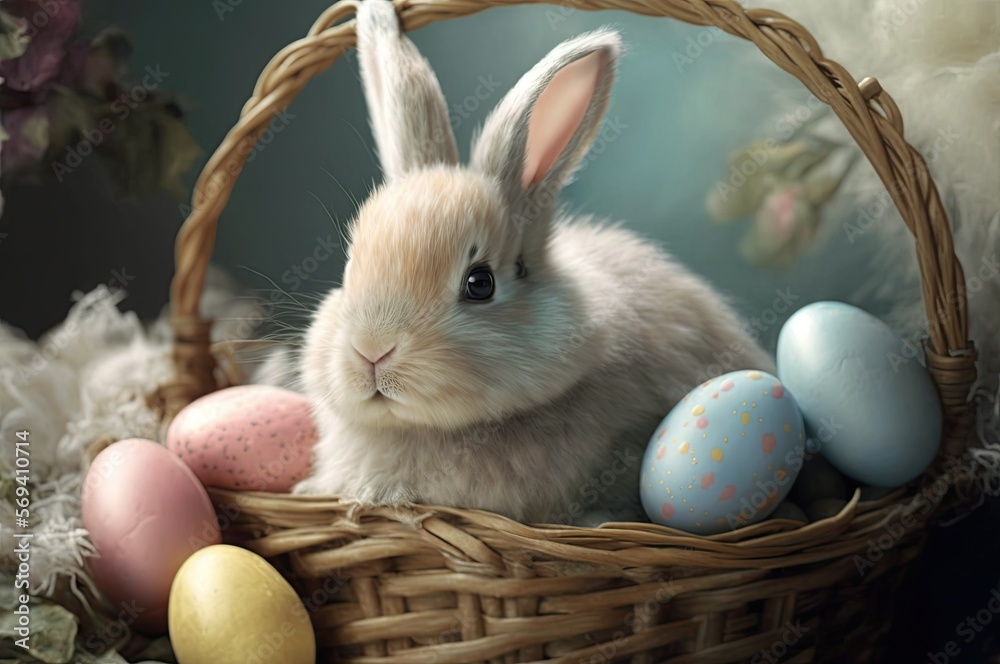 A white bunny surrounded by Easter eggs. AI generated art. 