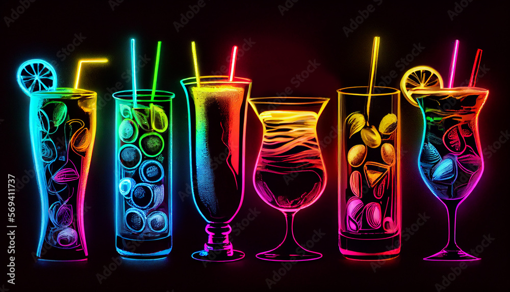 6 neon Cocktails in Neonfarben und Neonlicht. Generative Ai. - obrazy, fototapety, plakaty 