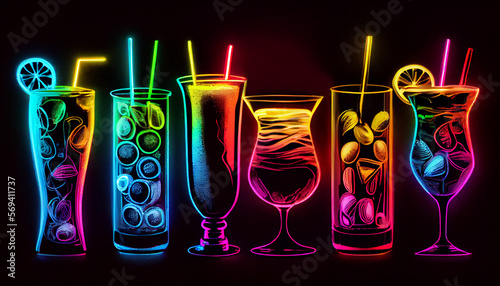 6 neon Cocktails in Neonfarben und Neonlicht. Generative Ai.