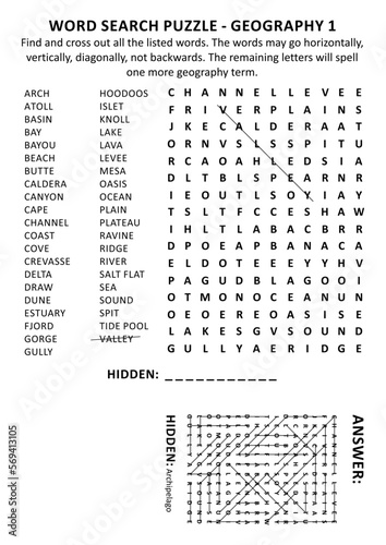 Geography terms (landforms) word search puzzle (suitable both for schoolchildren and adults). Answer included.
