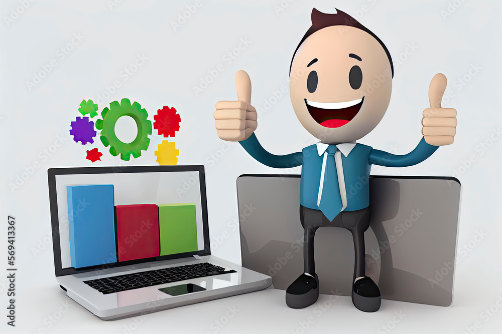 3D illustration of smiling man with ok gesture showing business charts at screen laptop computer 3D illustration of smiling man with ok gesture showing business charts at screen laptop computer