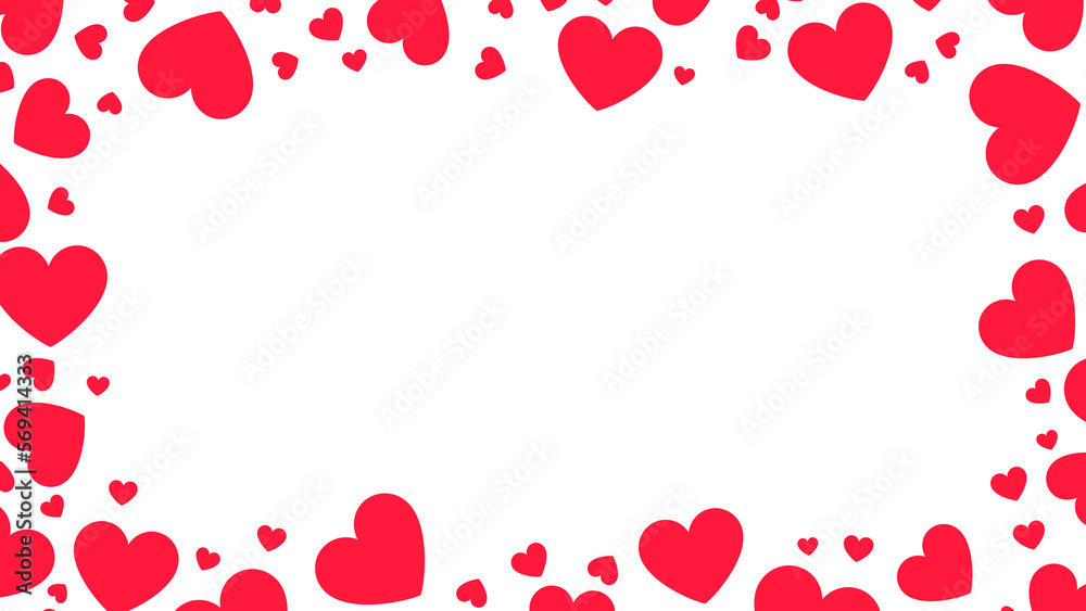 Red scatter heart border , rectangle frame made of hearts  isolated on transparent background, cut out, PNG illustration.