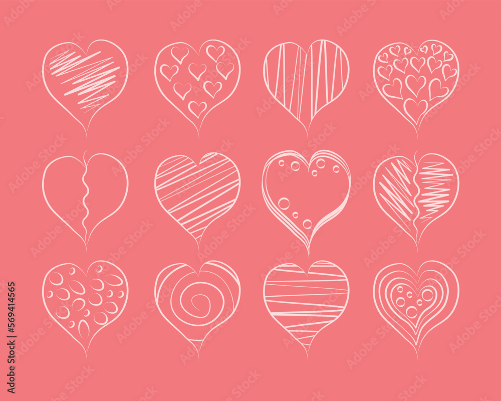 Hearts set. A large set of hearts with various patterns. A doodle-style heart. Collection for Valentine s Day. Vector illustration