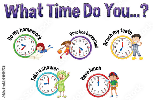 Daily routine with time and cartoon characters