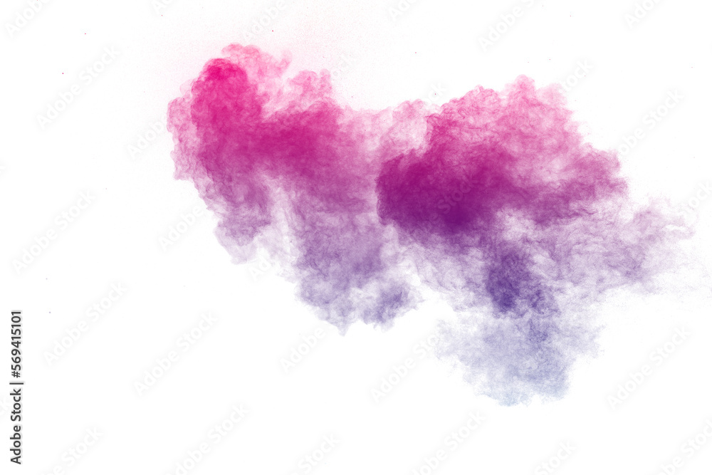 Blue pink color powder explosion on white background.