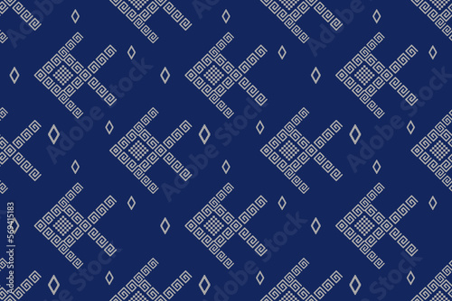 Indigo navy blue geometric traditional ethnic pattern Ikat seamless pattern border abstract design for fabric print cloth dress carpet curtains and sarong Aztec African Indian Indonesian 