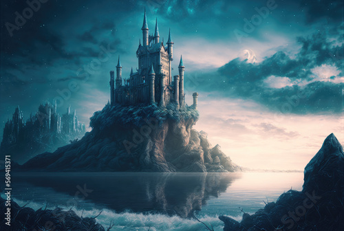Fotografia, Obraz fantasy castle atop the seaside cliffs