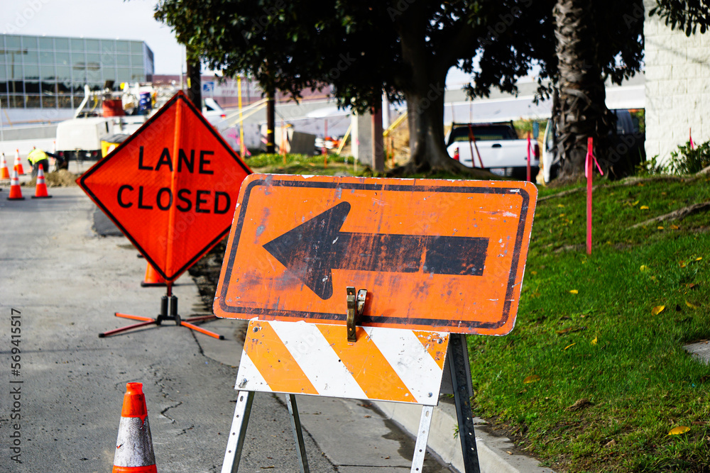 Road work with arrow and lane closed sign Stock Photo | Adobe Stock