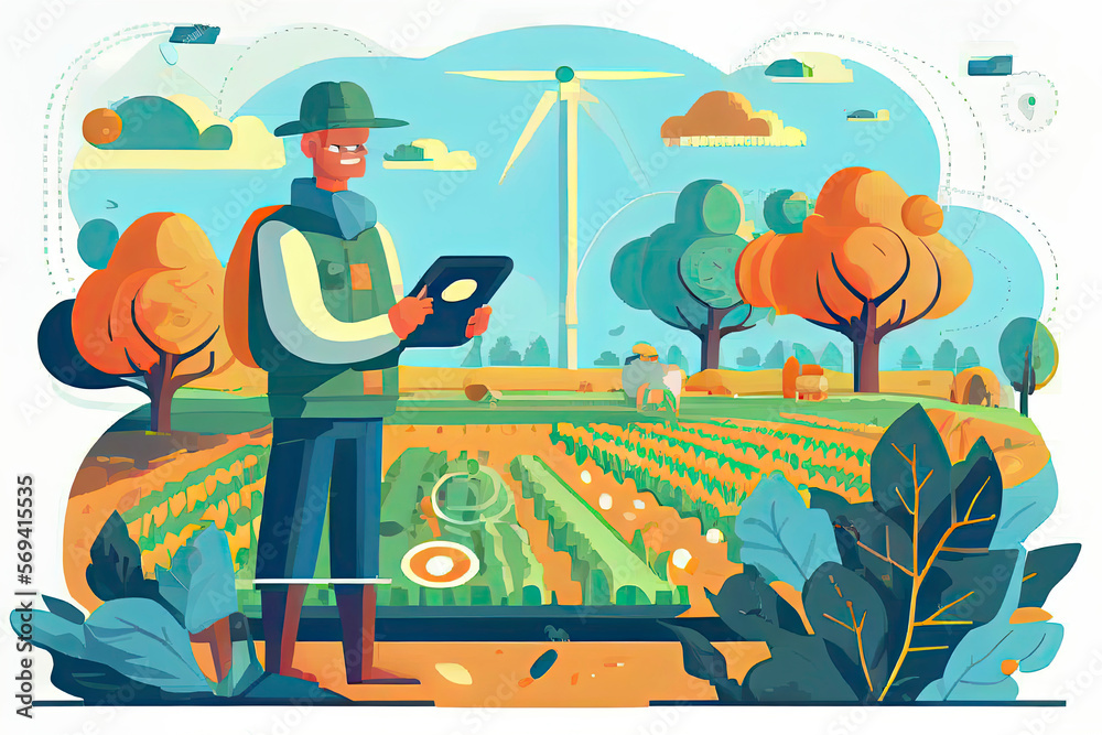 Obraz premium A Farmer Using Tablet for Control and Monitoring on the Field. Man Character Analysis Data on his Farm