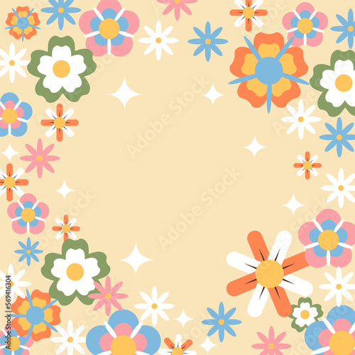 Floral frame card template. Flowers on a beige background.