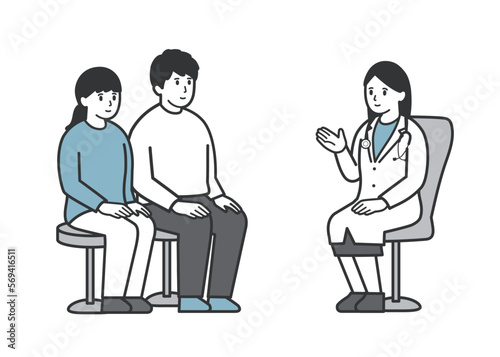 診察で女性医師から説明をうける夫婦のイラスト