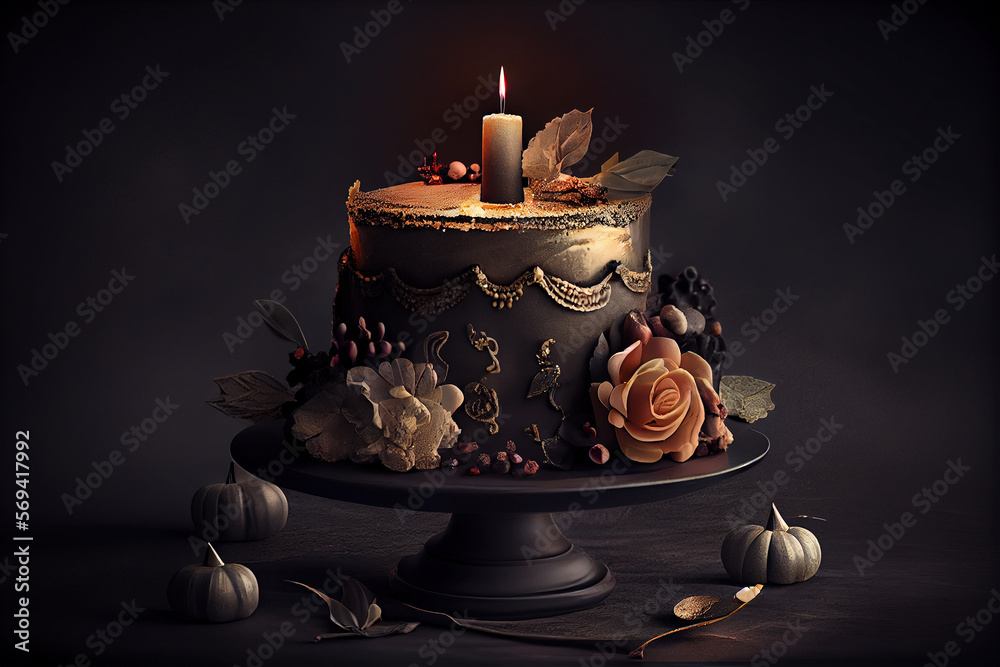 Luxury Birthday Cake with Candle and Decorations on a Dark and Moody