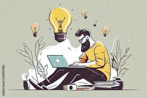 Young man working on the laptop computer and having a idea. Freelance job  creativity innovation and business idea concept. 3d vector people character illustration. Cartoon minimal style