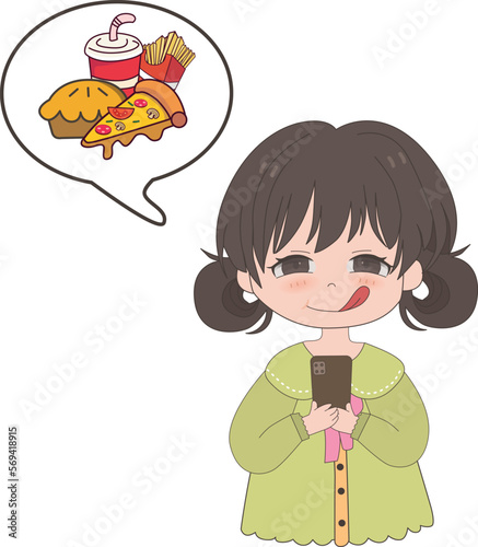 Cute cartoon woman holding a smartphone and wanting to eat
