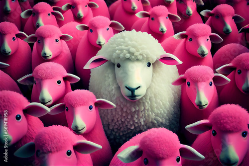 Flock of pink sheep and a w...